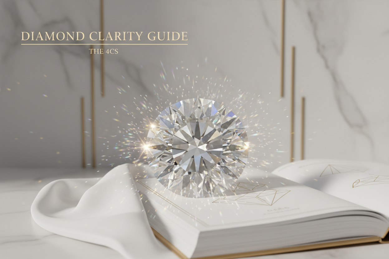 Diamond clarity guide showing brilliant cut diamond and the 4Cs of diamond quality