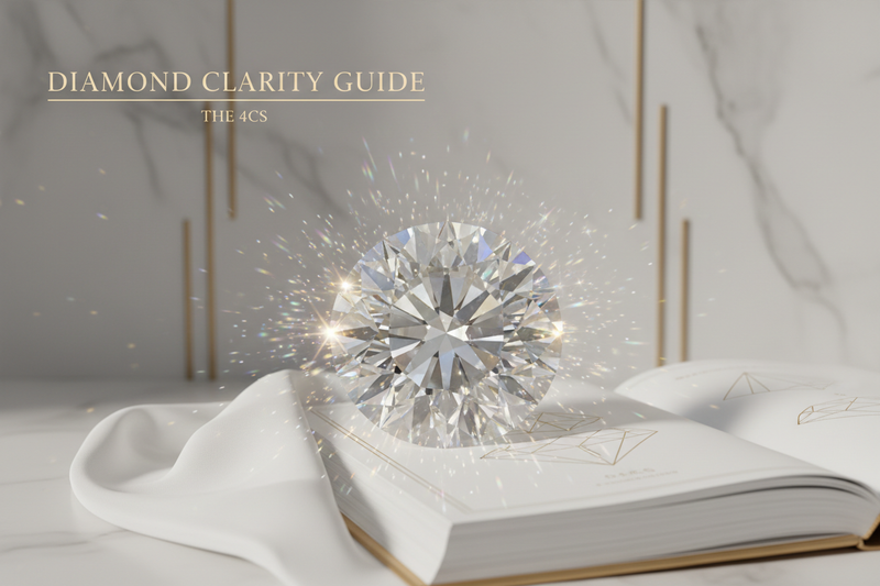Diamond clarity guide showing brilliant cut diamond and the 4Cs of diamond quality