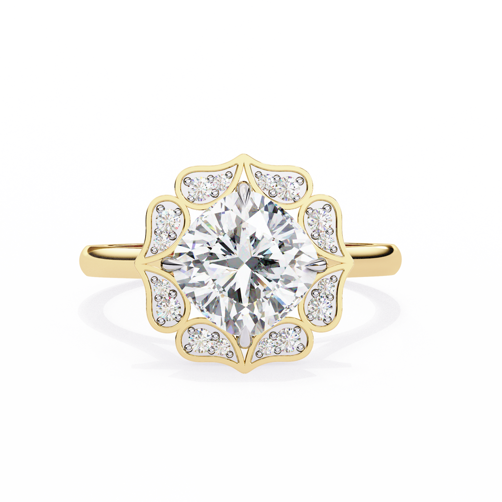 Cushion-Cut Lab-Grown Diamond Floral Halo Ring | Plain Solitaire Shank | VR260072