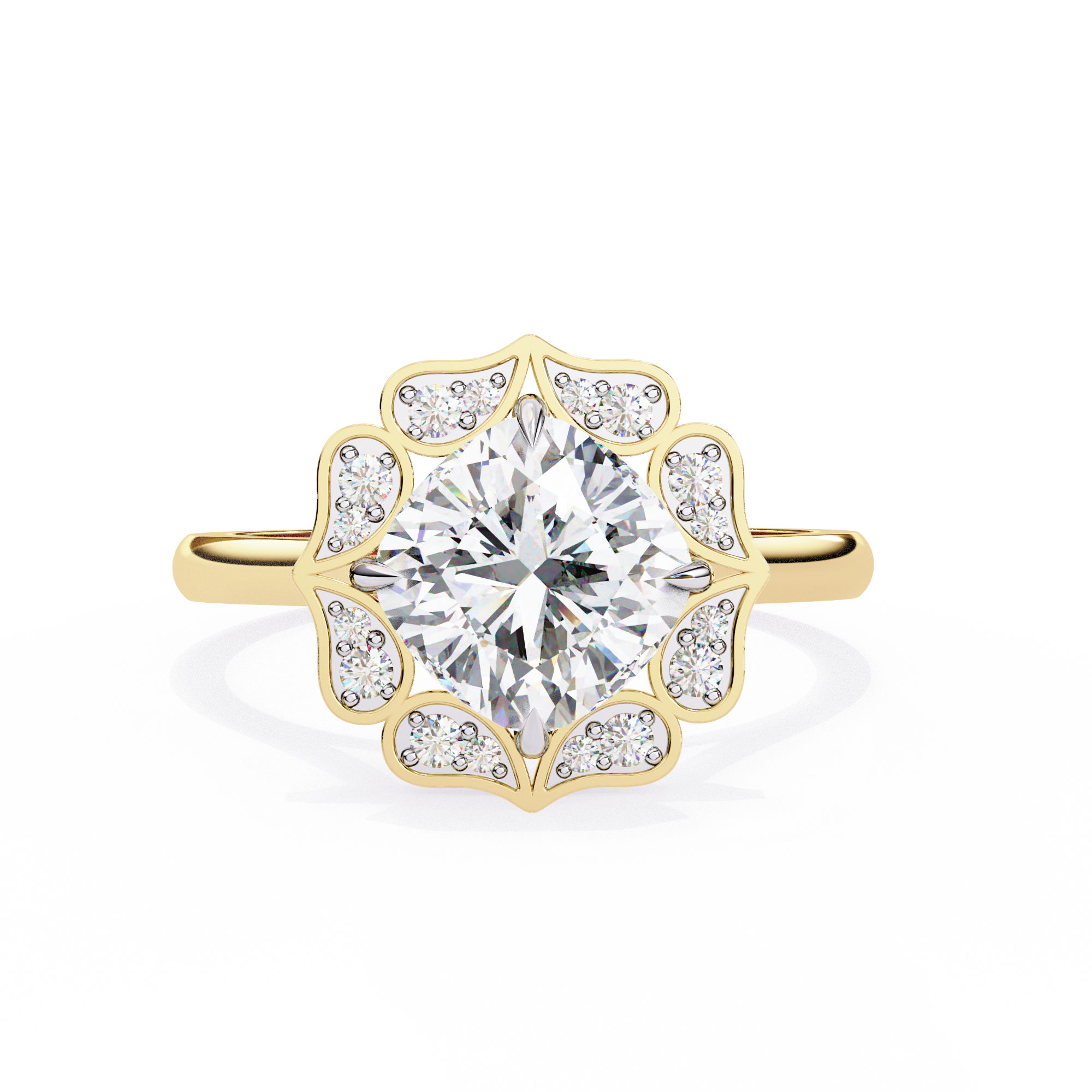 Cushion-Cut Lab-Grown Diamond Floral Halo Ring | Plain Solitaire Shank | VR260072