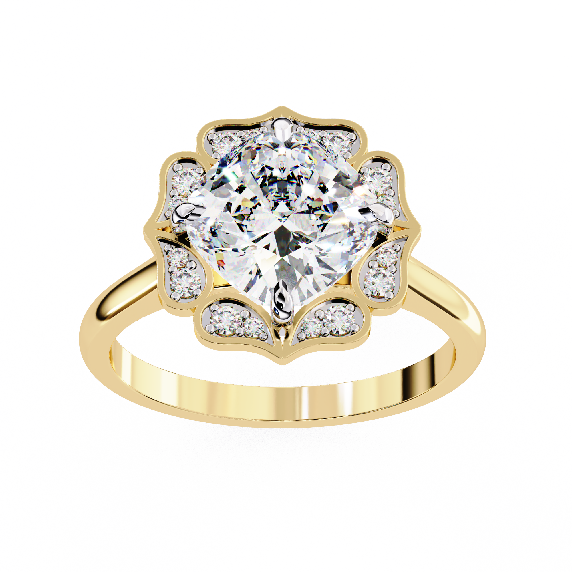 Cushion-Cut Lab-Grown Diamond Floral Halo Ring | Plain Solitaire Shank | VR260072