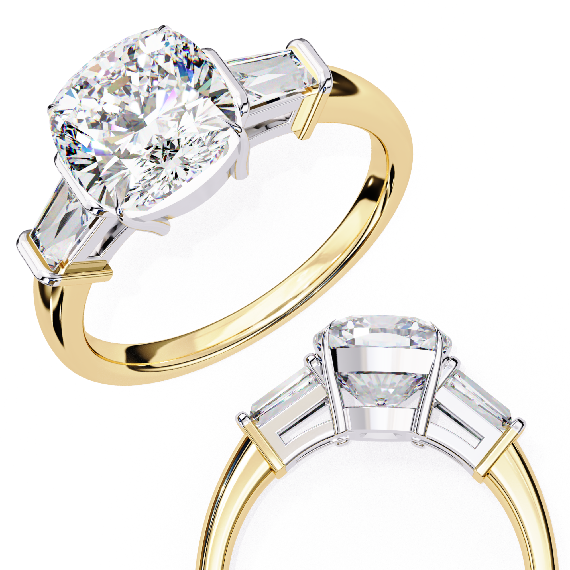 Cushion-Cut Lab-Grown Diamond Three-Stone Ring | Straight Baguette Sides & Plain Shank | VR260075