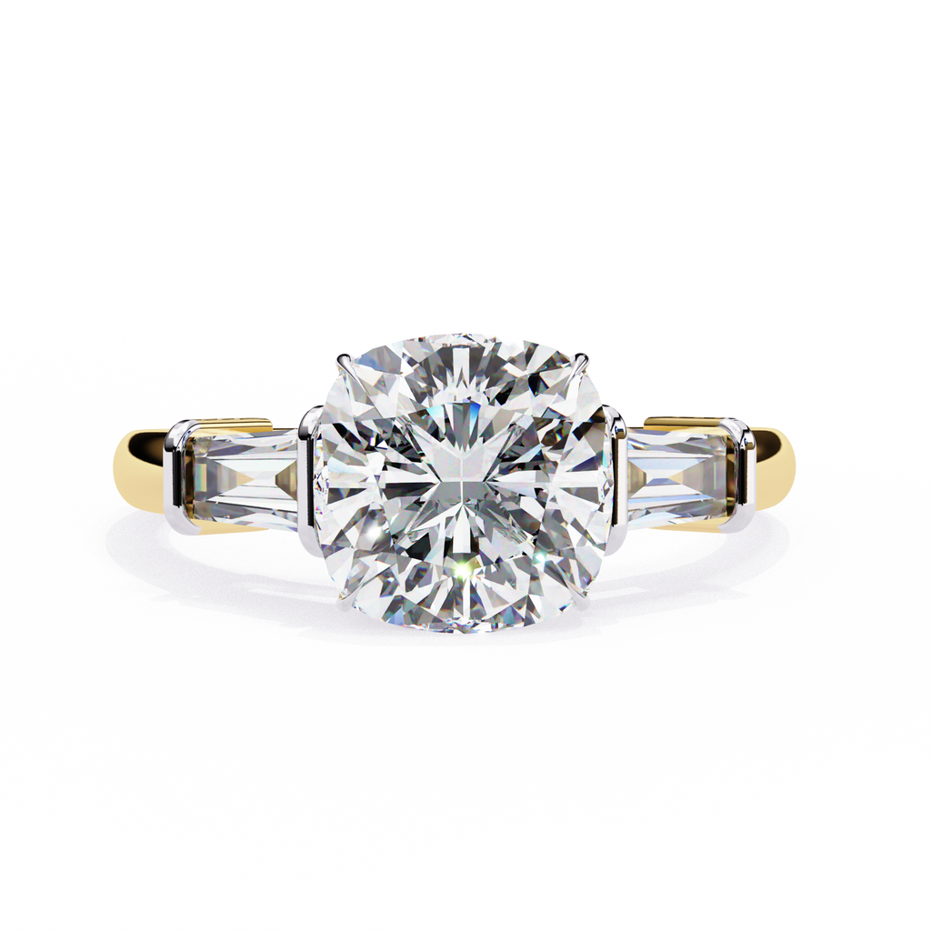 Cushion-Cut Lab-Grown Diamond Three-Stone Ring | Straight Baguette Sides & Plain Shank | VR260075