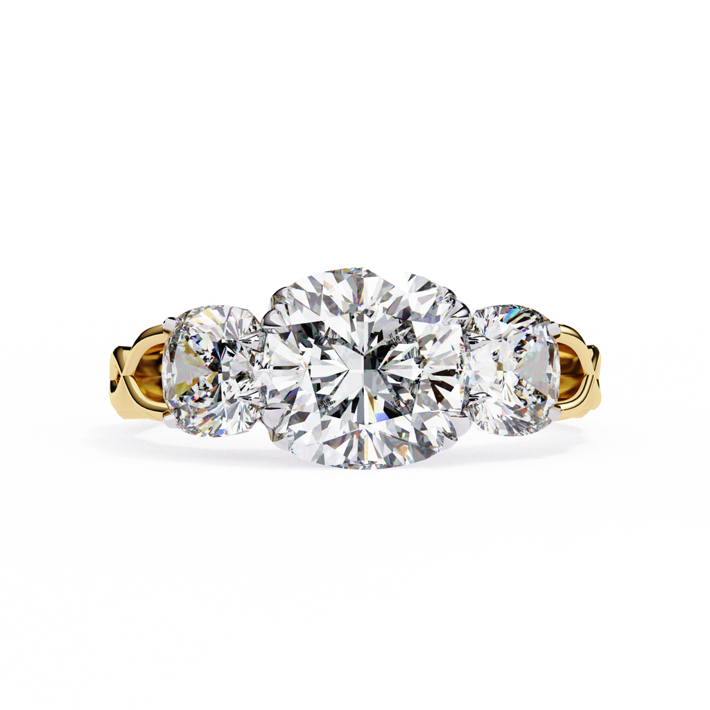 Cushion-Cut Lab-Grown Diamond Three-Stone Ring | Round Brilliant Sides & Plain Shank | VR260076