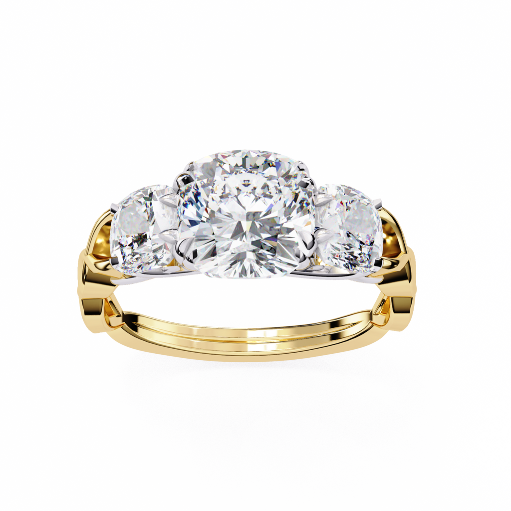 Cushion-Cut Lab-Grown Diamond Three-Stone Ring | Round Brilliant Sides & Plain Shank | VR260076