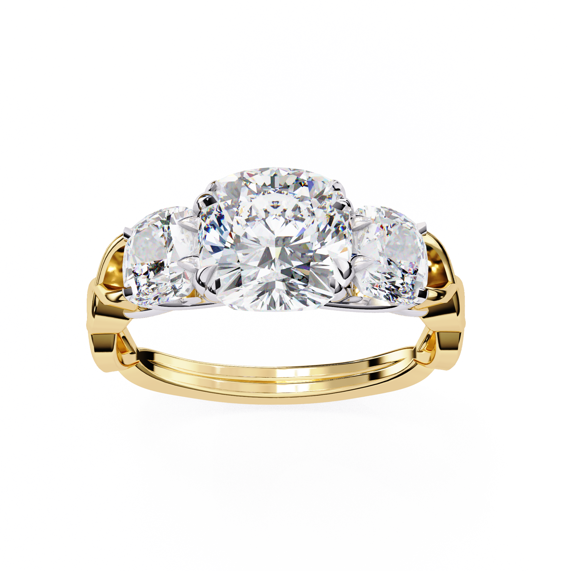Cushion-Cut Lab-Grown Diamond Three-Stone Ring | Round Brilliant Sides & Plain Shank | VR260076