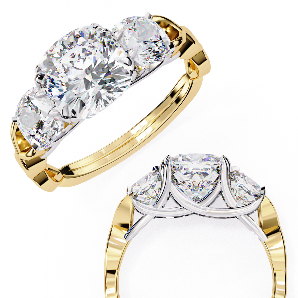 Cushion-Cut Lab-Grown Diamond Three-Stone Ring | Round Brilliant Sides & Plain Shank | VR260076