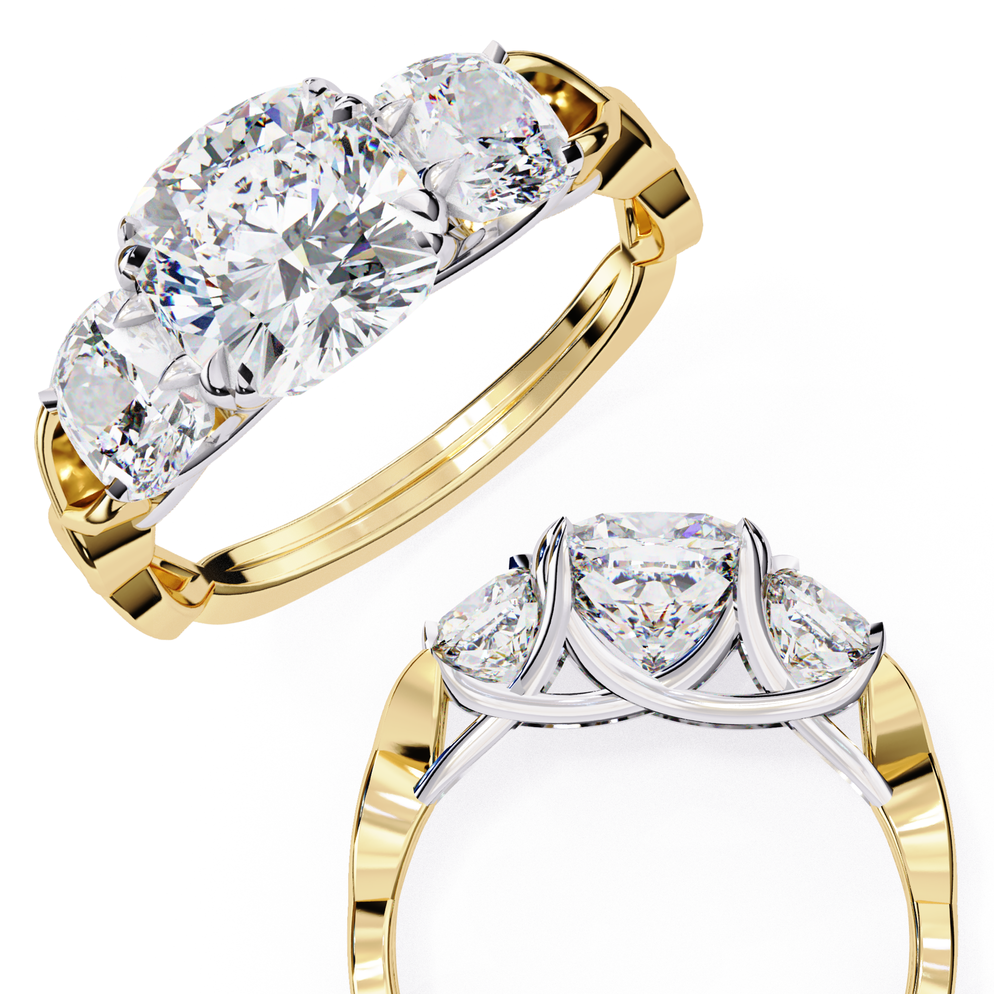 Cushion-Cut Lab-Grown Diamond Three-Stone Ring | Round Brilliant Sides & Plain Shank | VR260076