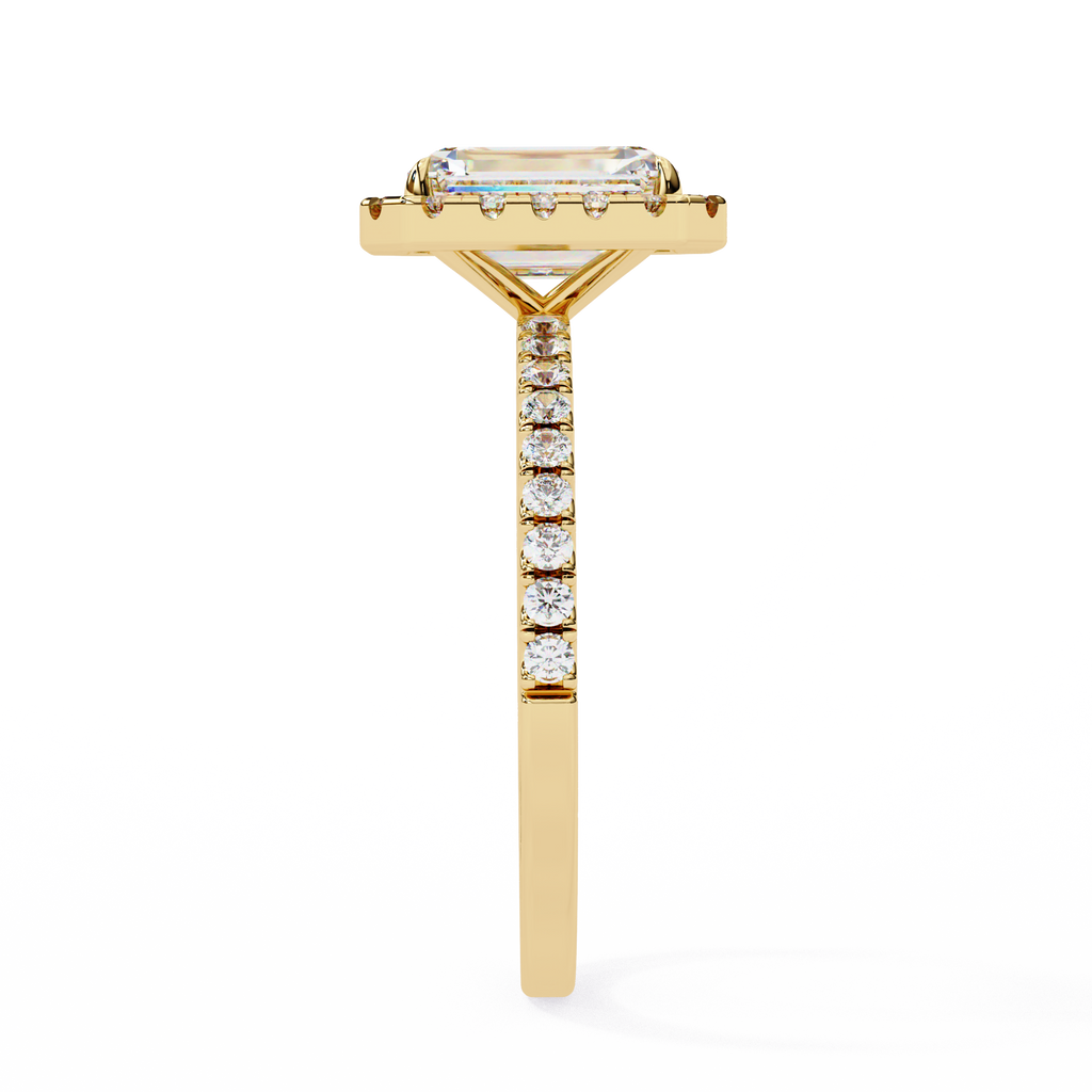 1.75ct Emerald Cut Lab-Grown Diamond Halo Engagement Ring | Pavé Halo & Diamond Shank