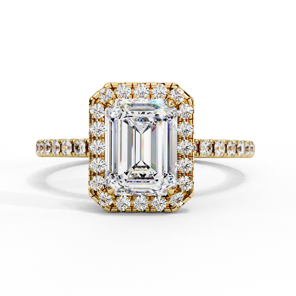1.75ct Emerald Cut Lab-Grown Diamond Halo Engagement Ring | Pavé Halo & Diamond Shank