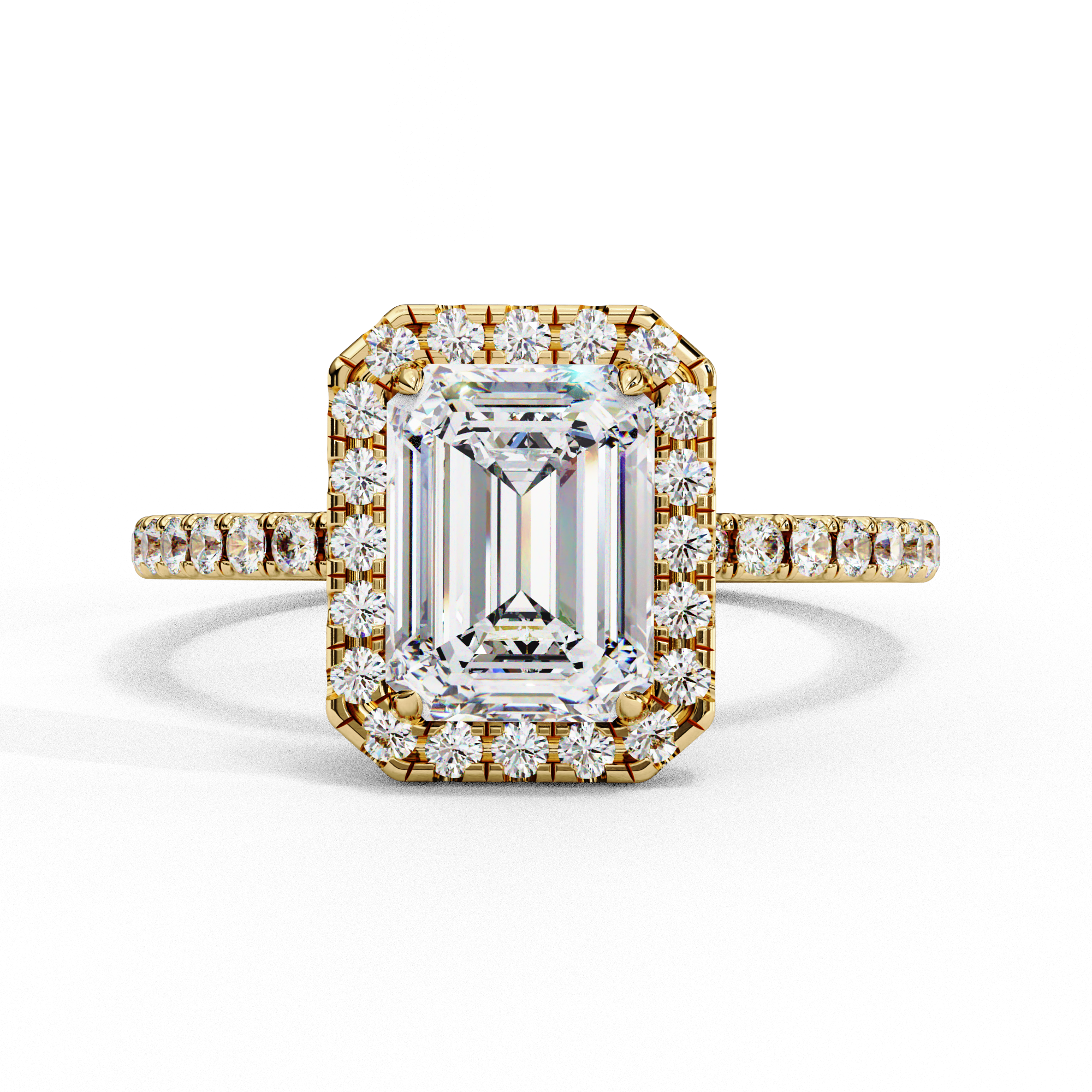 1.75ct Emerald Cut Lab-Grown Diamond Halo Engagement Ring | Pavé Halo & Diamond Shank