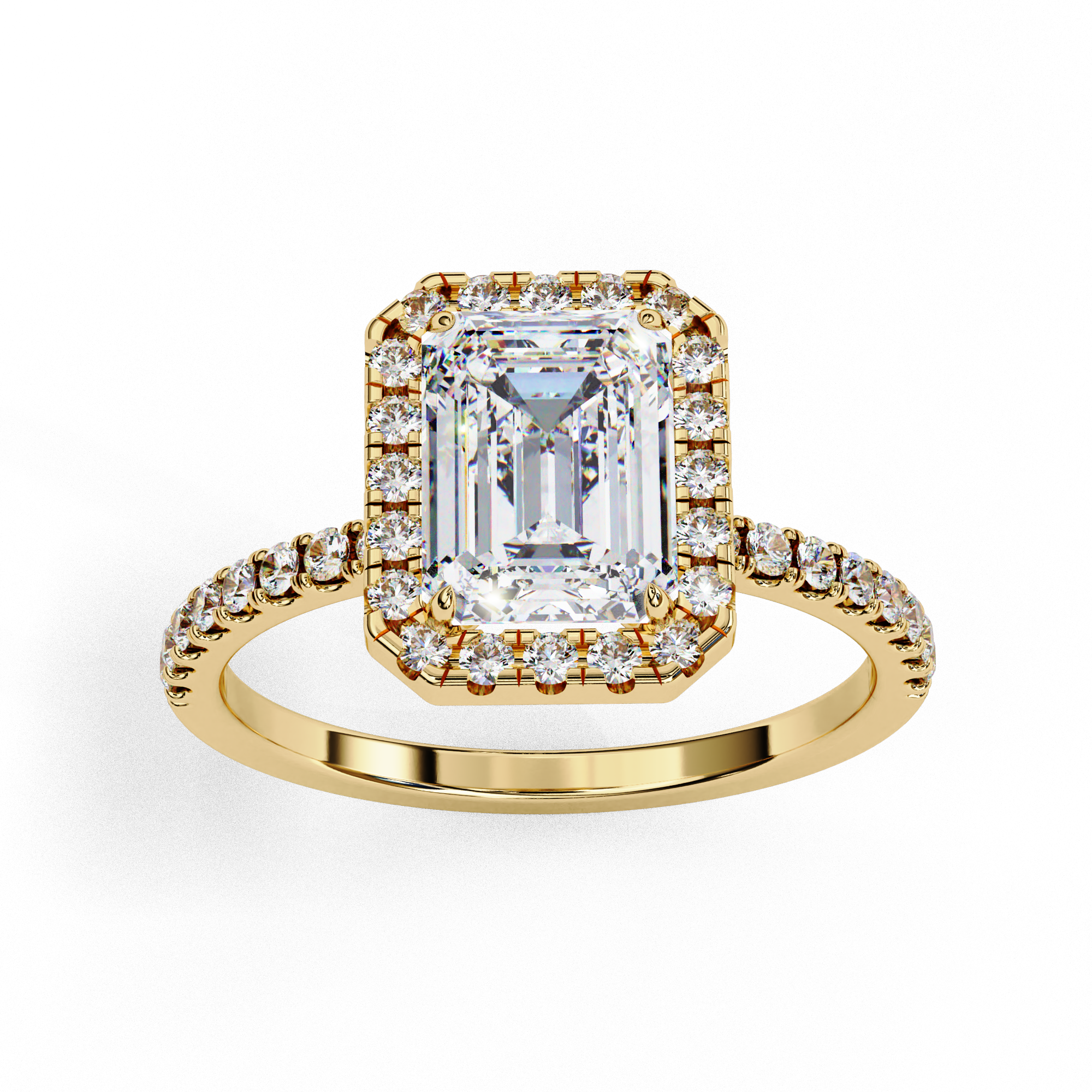 1.75ct Emerald Cut Lab-Grown Diamond Halo Engagement Ring | Pavé Halo & Diamond Shank