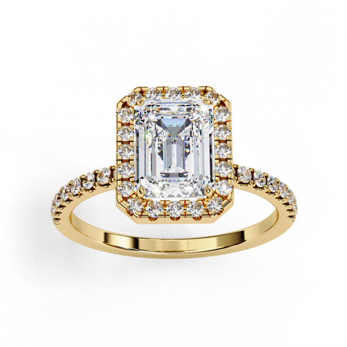 1.75ct Emerald Cut Lab-Grown Diamond Halo Engagement Ring | Pavé Halo & Diamond Shank