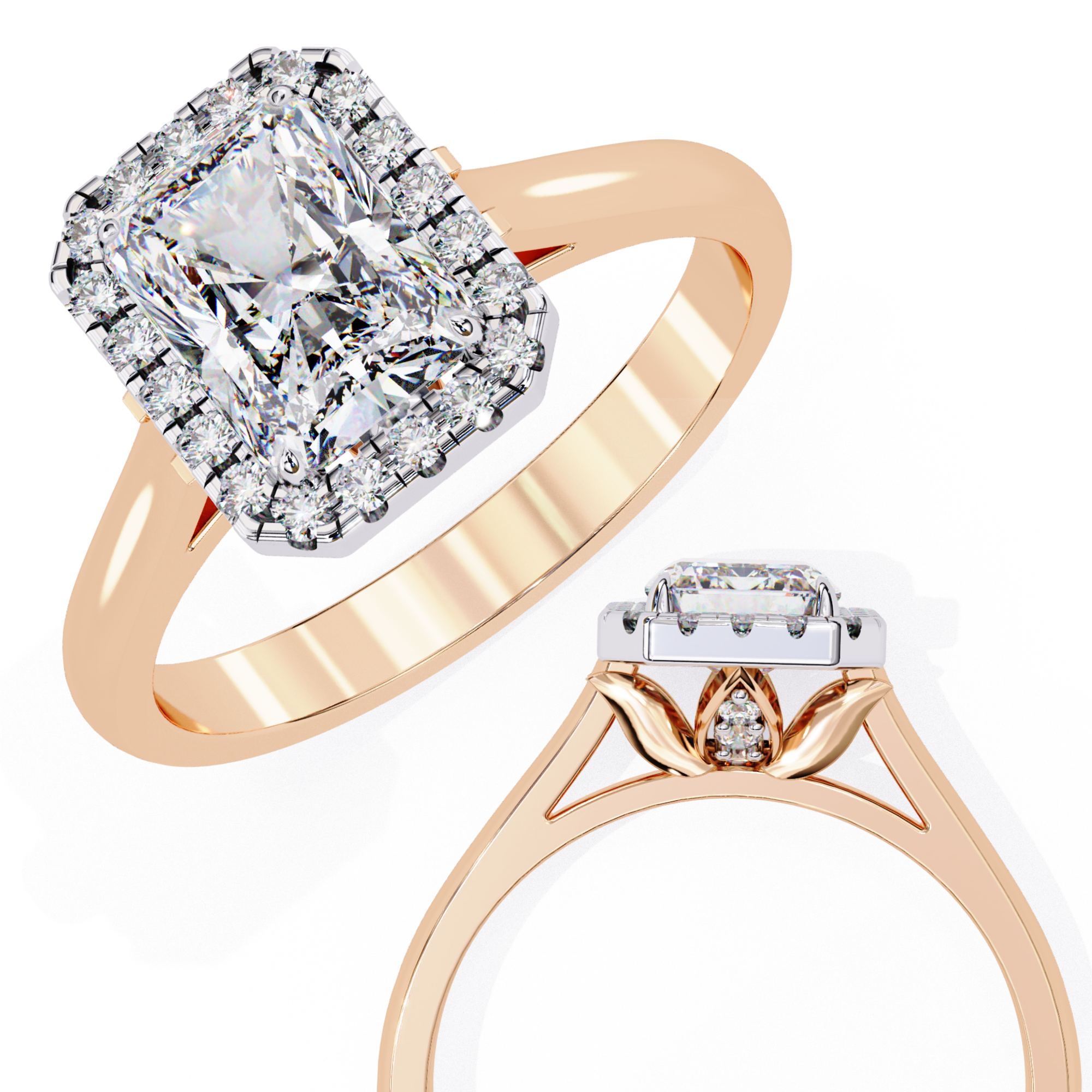 Radiant-Cut Lab-Grown Diamond Halo Ring | Pavé Halo & Leaf Gallery | VR260085