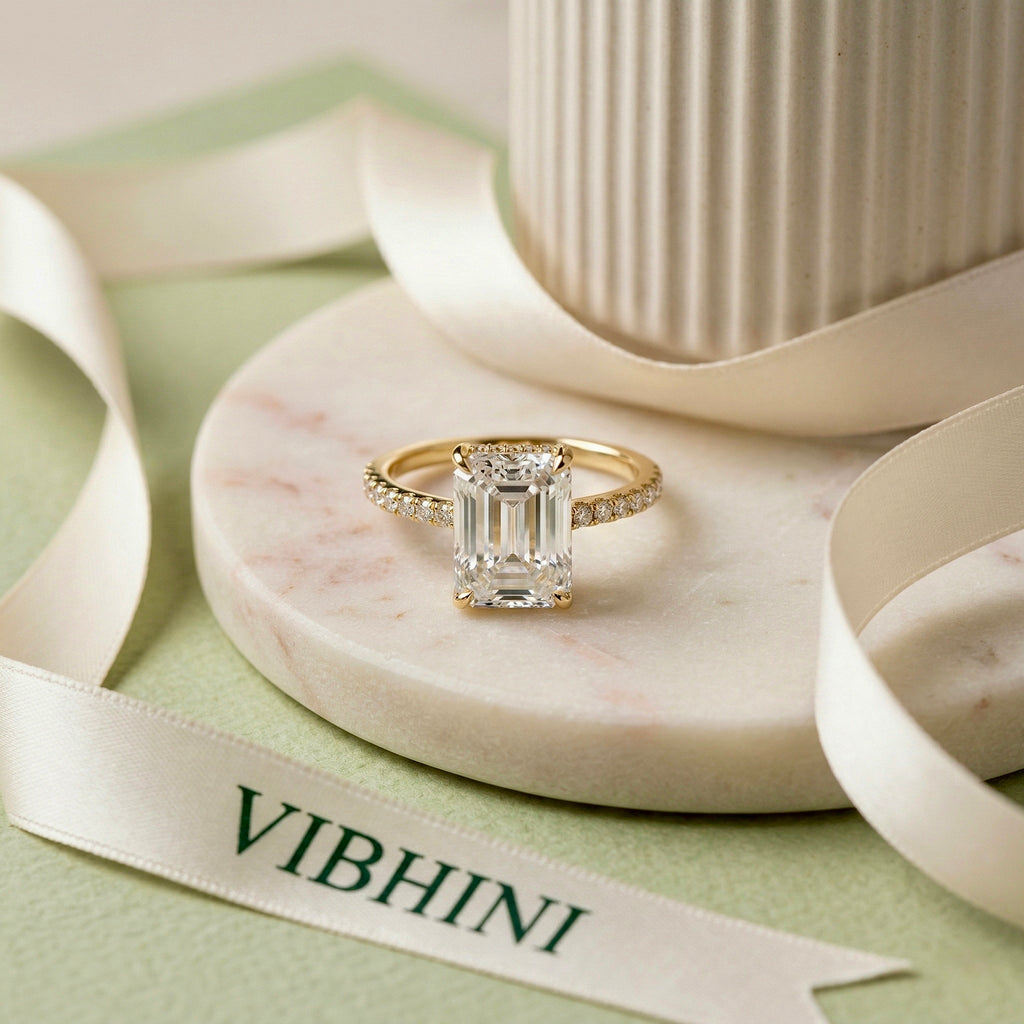2.50ct Emerald Cut Lab-Grown Diamond Engagement Ring | 18K Gold Vermeil Pavé