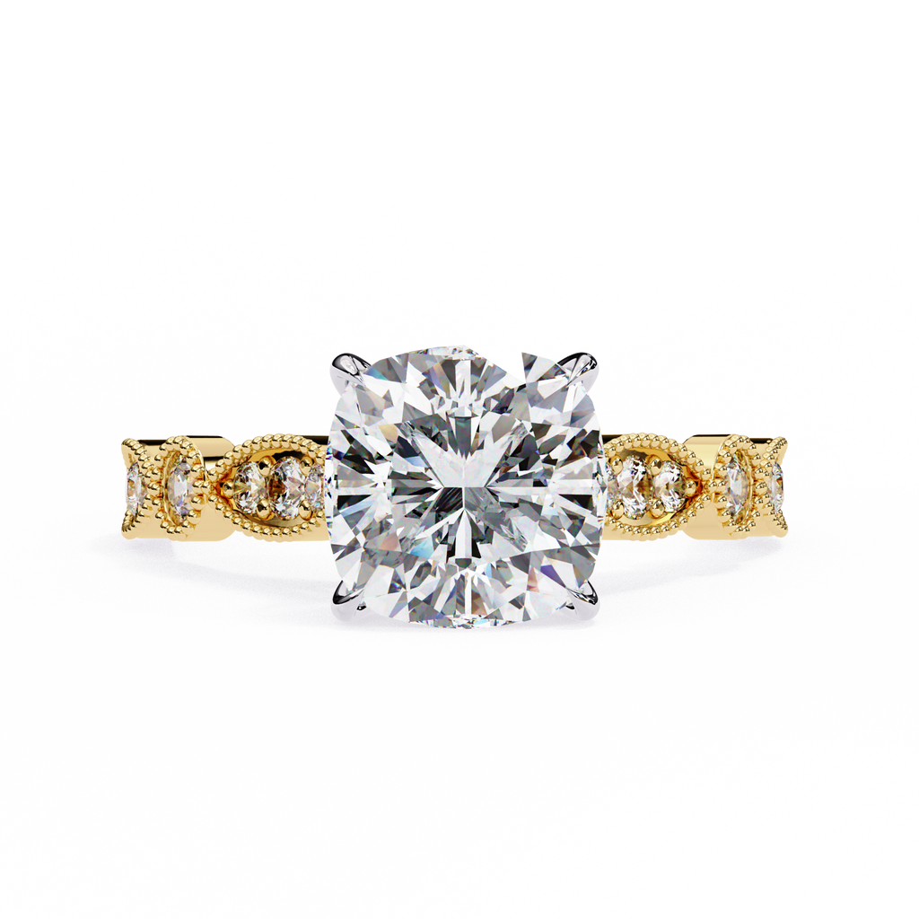 2.50ct Cushion Cut Lab-Grown Diamond Ring | Vintage Milgrain Art Deco Diamond Shank | VR260020