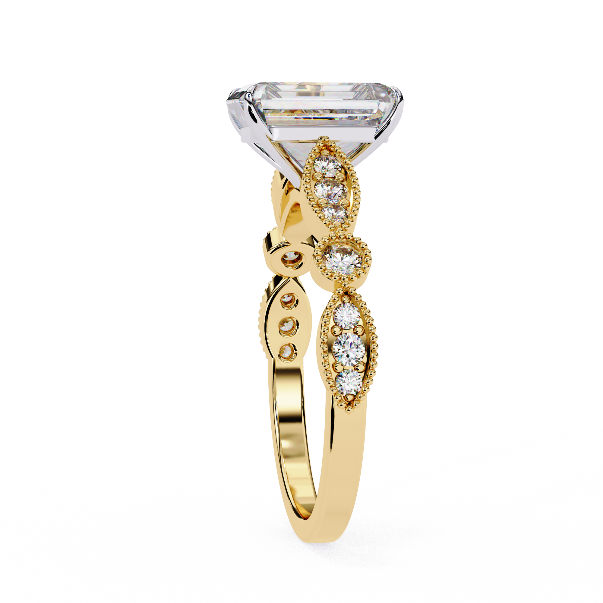 2.50ct Emerald Cut Lab-Grown Diamond Ring | Vintage Milgrain Art Deco Diamond Shank | VR260023