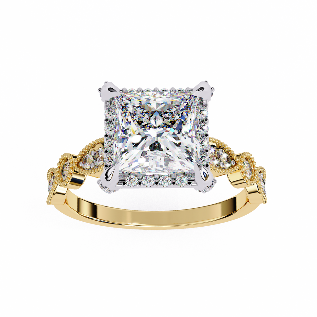 Princess-Cut Lab-Grown Diamond Halo Ring | Art Deco Milgrain Shank | VR260061