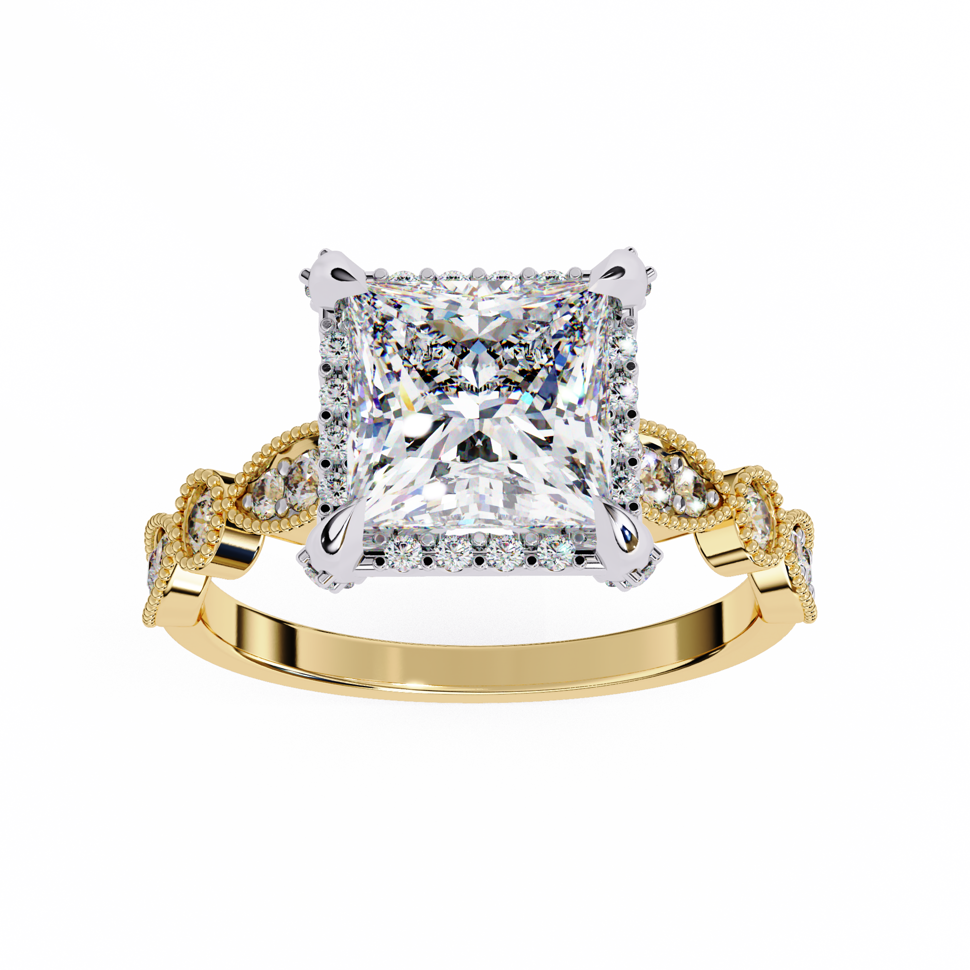 Princess-Cut Lab-Grown Diamond Halo Ring | Art Deco Milgrain Shank | VR260061