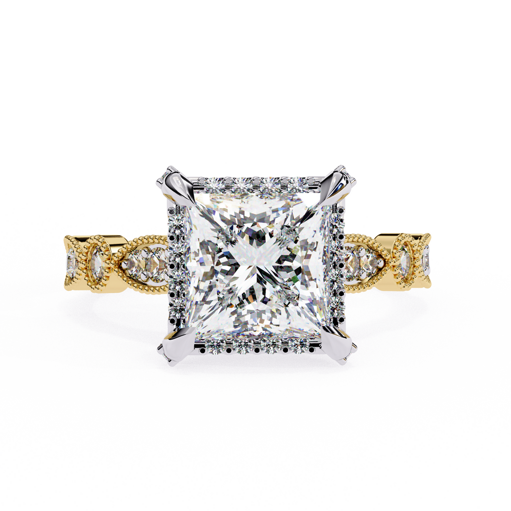 Princess-Cut Lab-Grown Diamond Halo Ring | Art Deco Milgrain Shank | VR260061