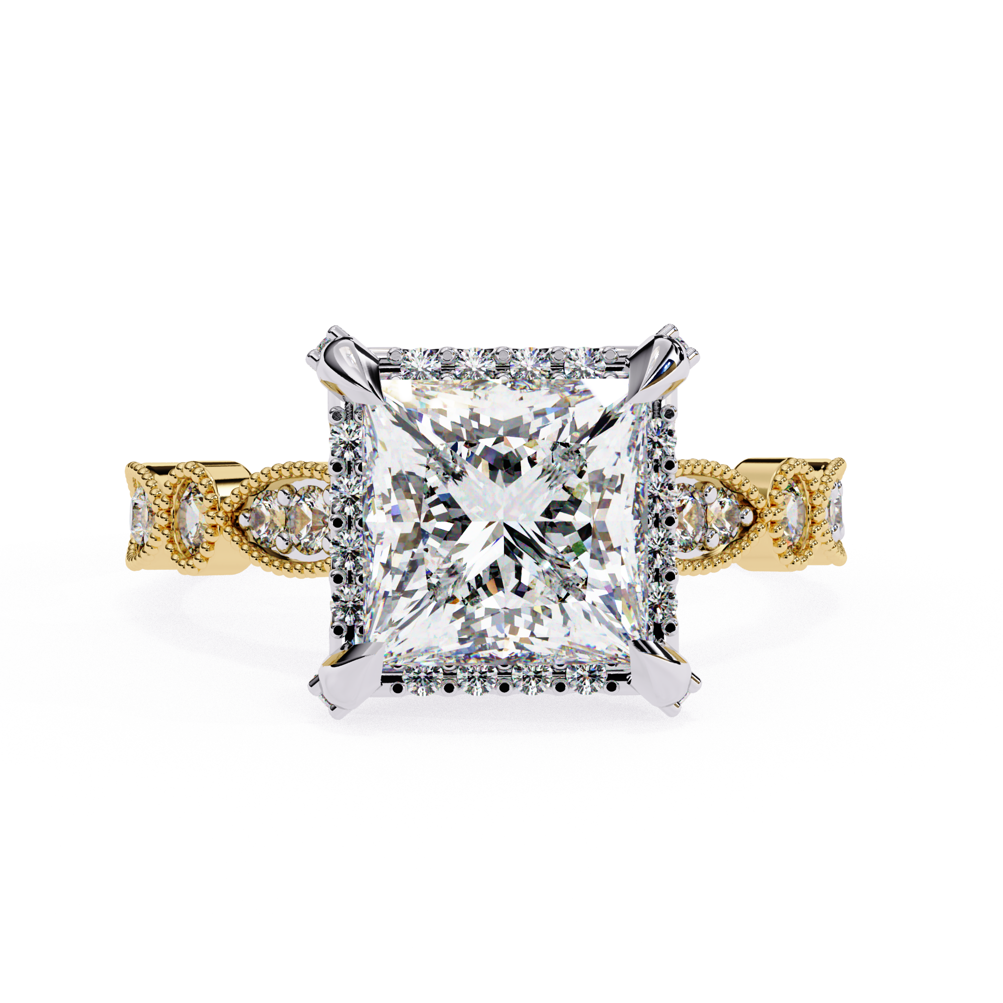Princess-Cut Lab-Grown Diamond Halo Ring | Art Deco Milgrain Shank | VR260061