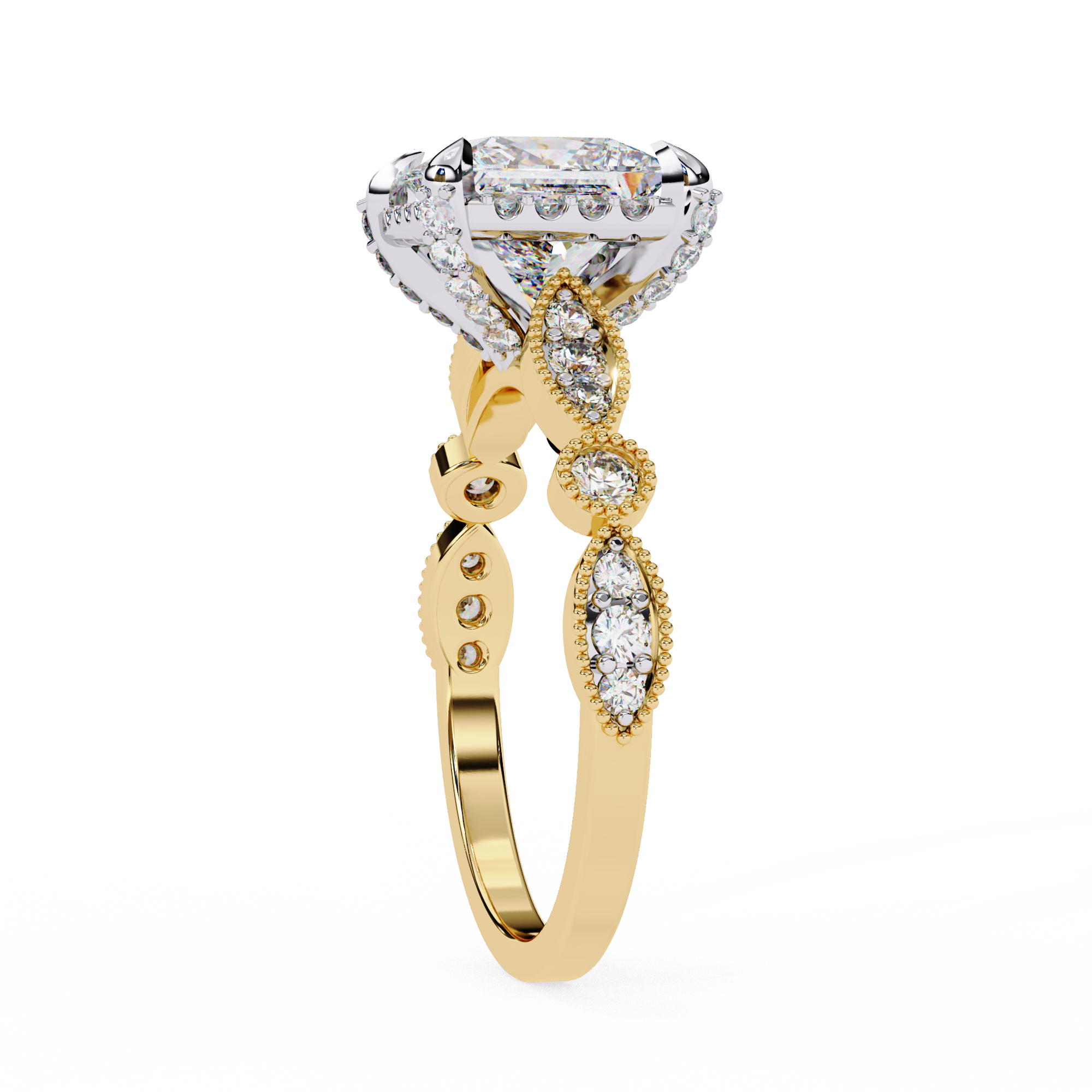 Princess-Cut Lab-Grown Diamond Halo Ring | Art Deco Milgrain Shank | VR260061