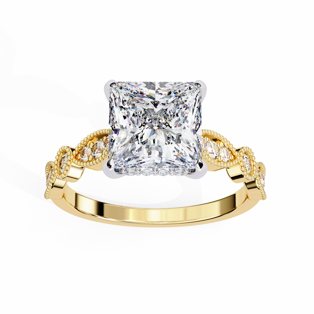 Princess-Cut Lab-Grown Diamond Halo Ring | Art Deco Milgrain Pavé Shank | VR260064