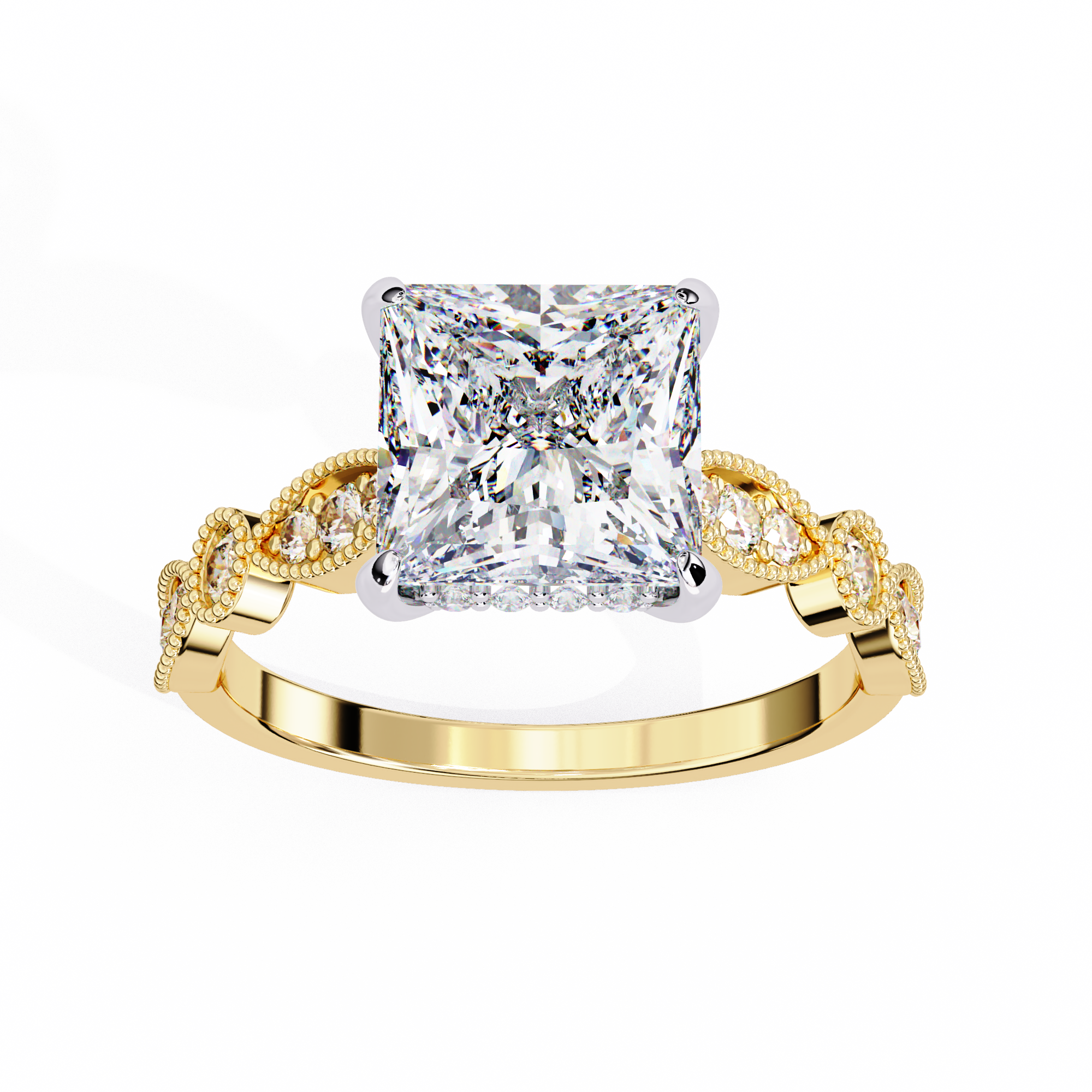Princess-Cut Lab-Grown Diamond Halo Ring | Art Deco Milgrain Pavé Shank | VR260064