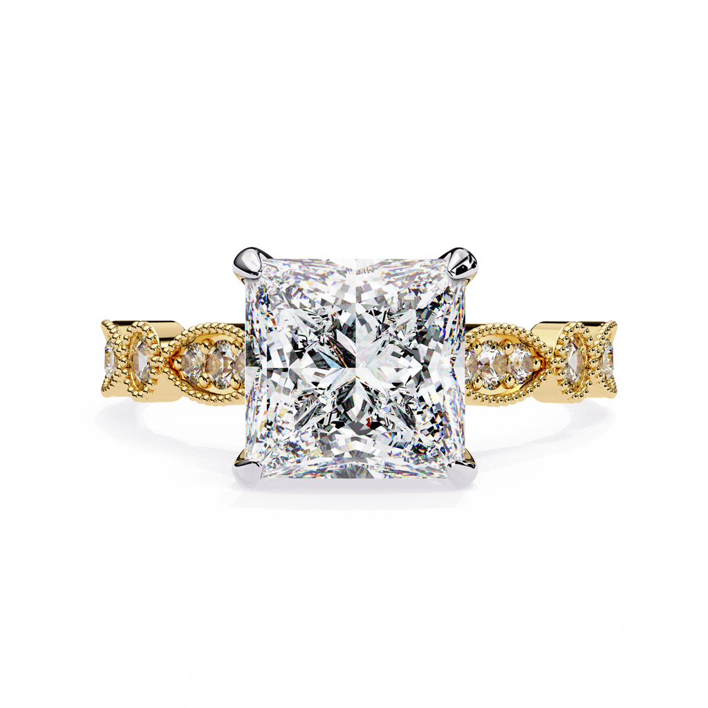 Princess-Cut Lab-Grown Diamond Halo Ring | Art Deco Milgrain Pavé Shank | VR260064