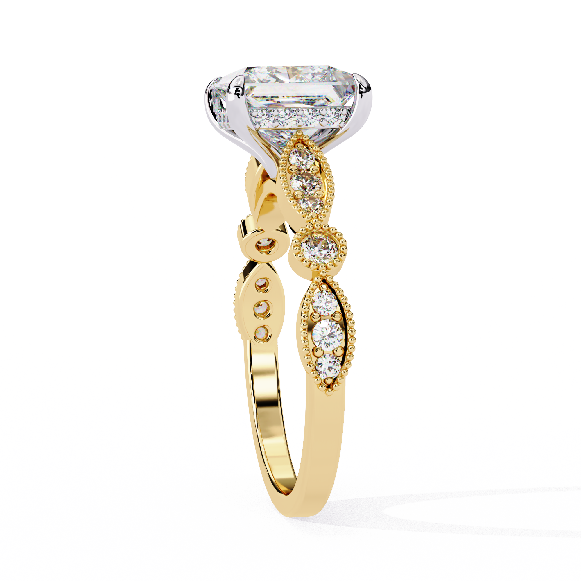 Princess-Cut Lab-Grown Diamond Halo Ring | Art Deco Milgrain Pavé Shank | VR260064