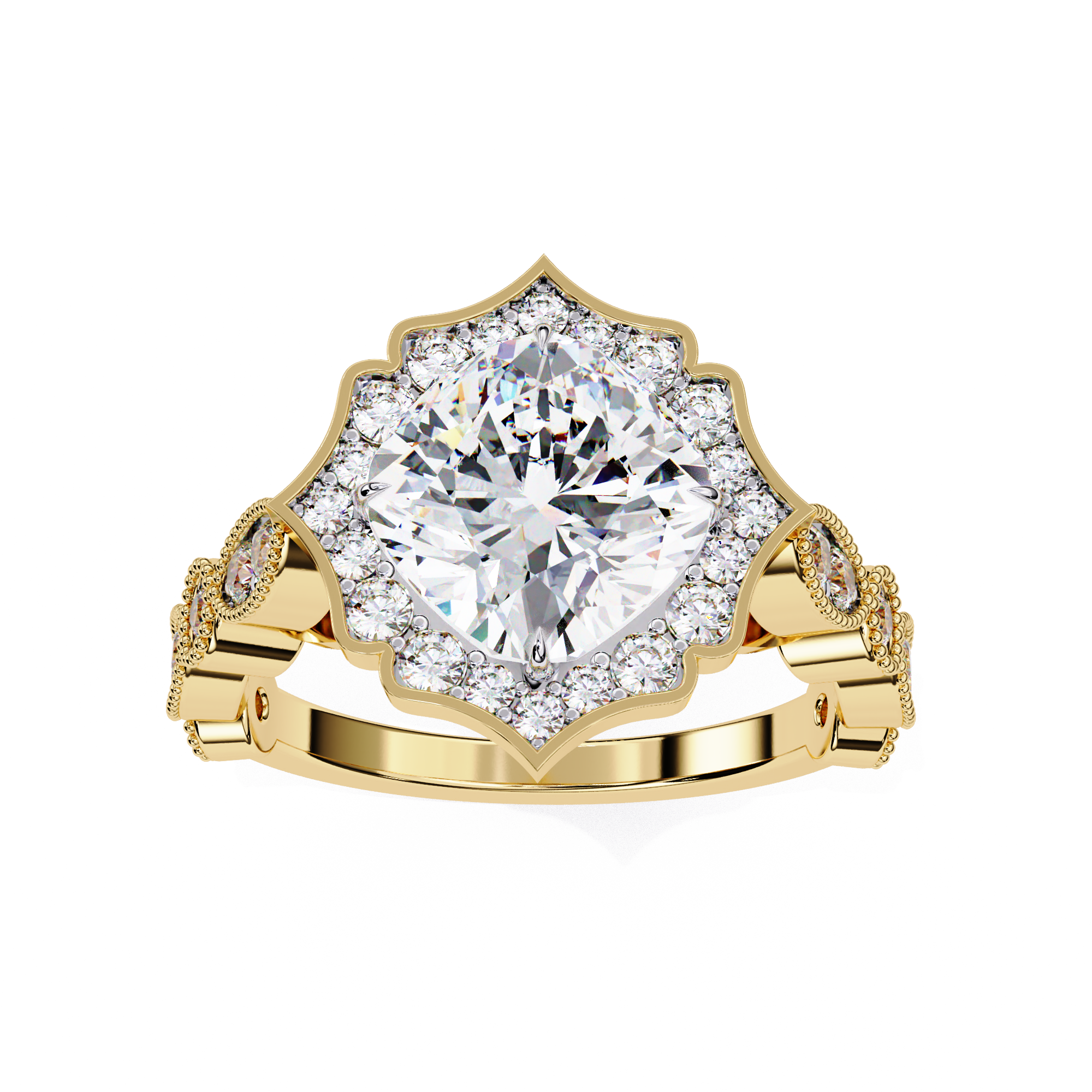 Cushion-Cut Lab-Grown Diamond Halo Ring | Floral Pavé Halo & Milgrain Shank | VR260071