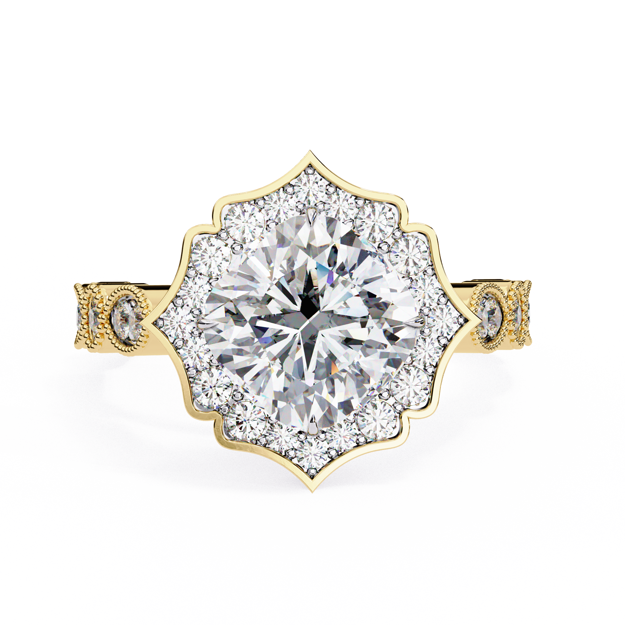 Cushion-Cut Lab-Grown Diamond Halo Ring | Floral Pavé Halo & Milgrain Shank | VR260071