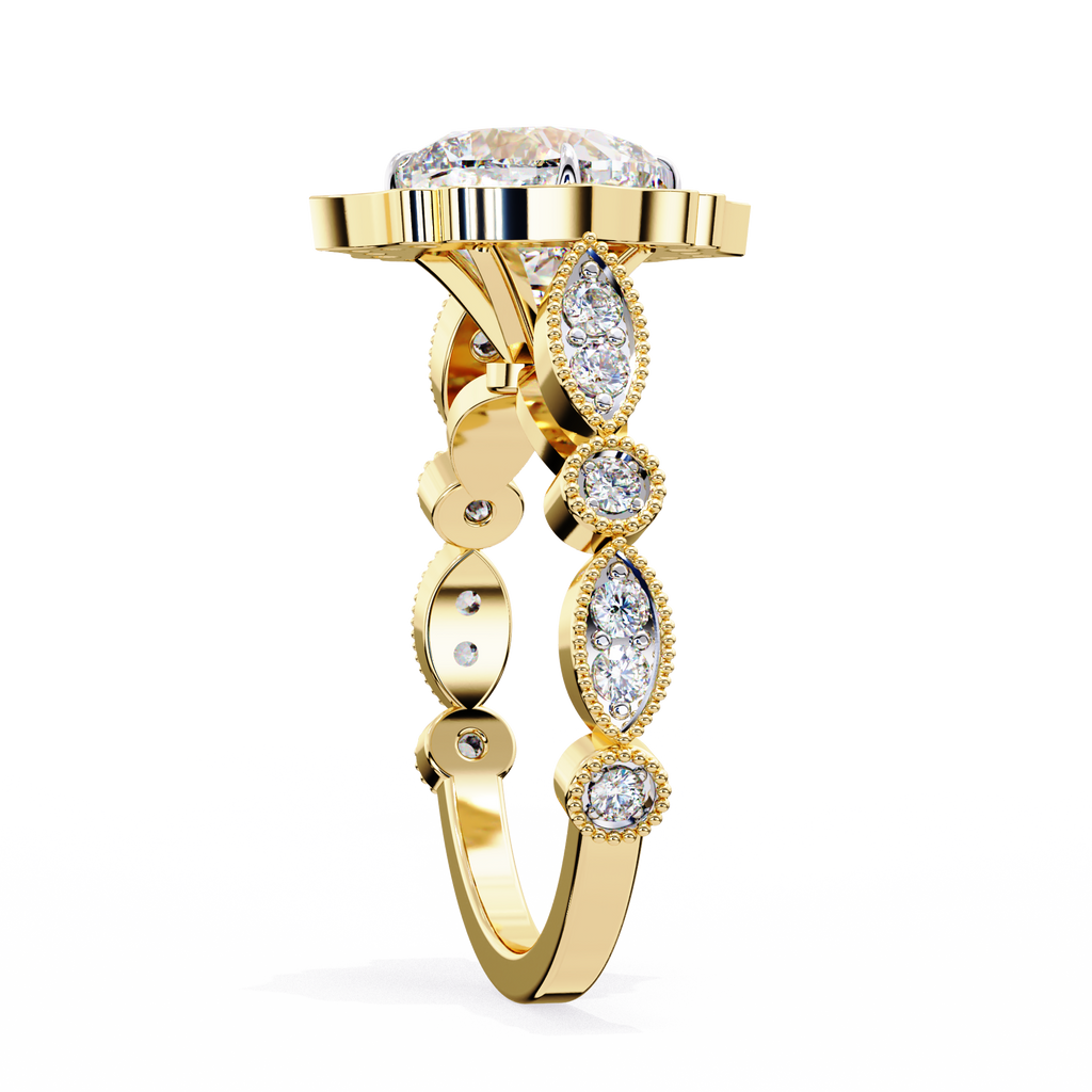 Cushion-Cut Lab-Grown Diamond Halo Ring | Floral Pavé Halo & Milgrain Shank | VR260071