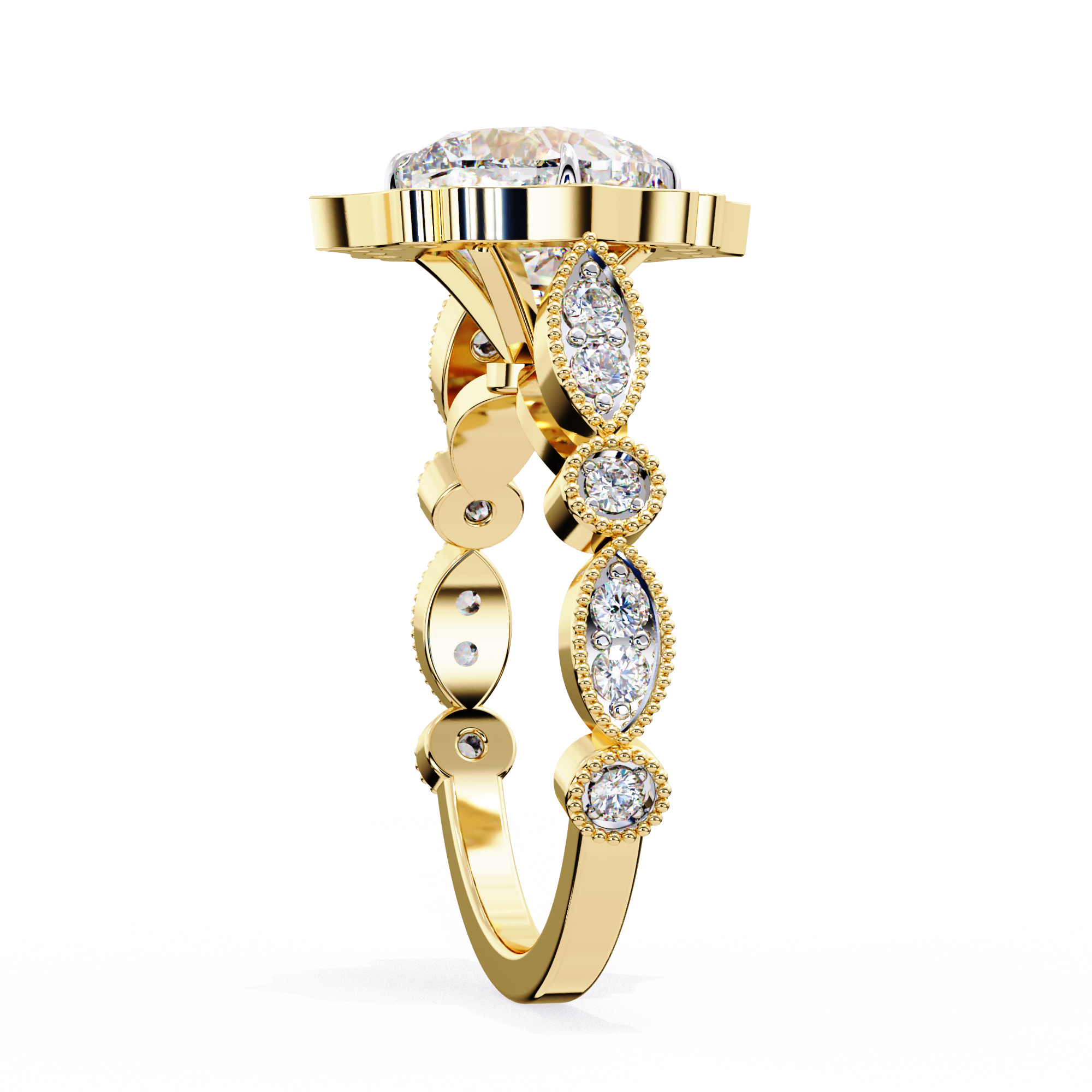 Cushion-Cut Lab-Grown Diamond Halo Ring | Floral Pavé Halo & Milgrain Shank | VR260071