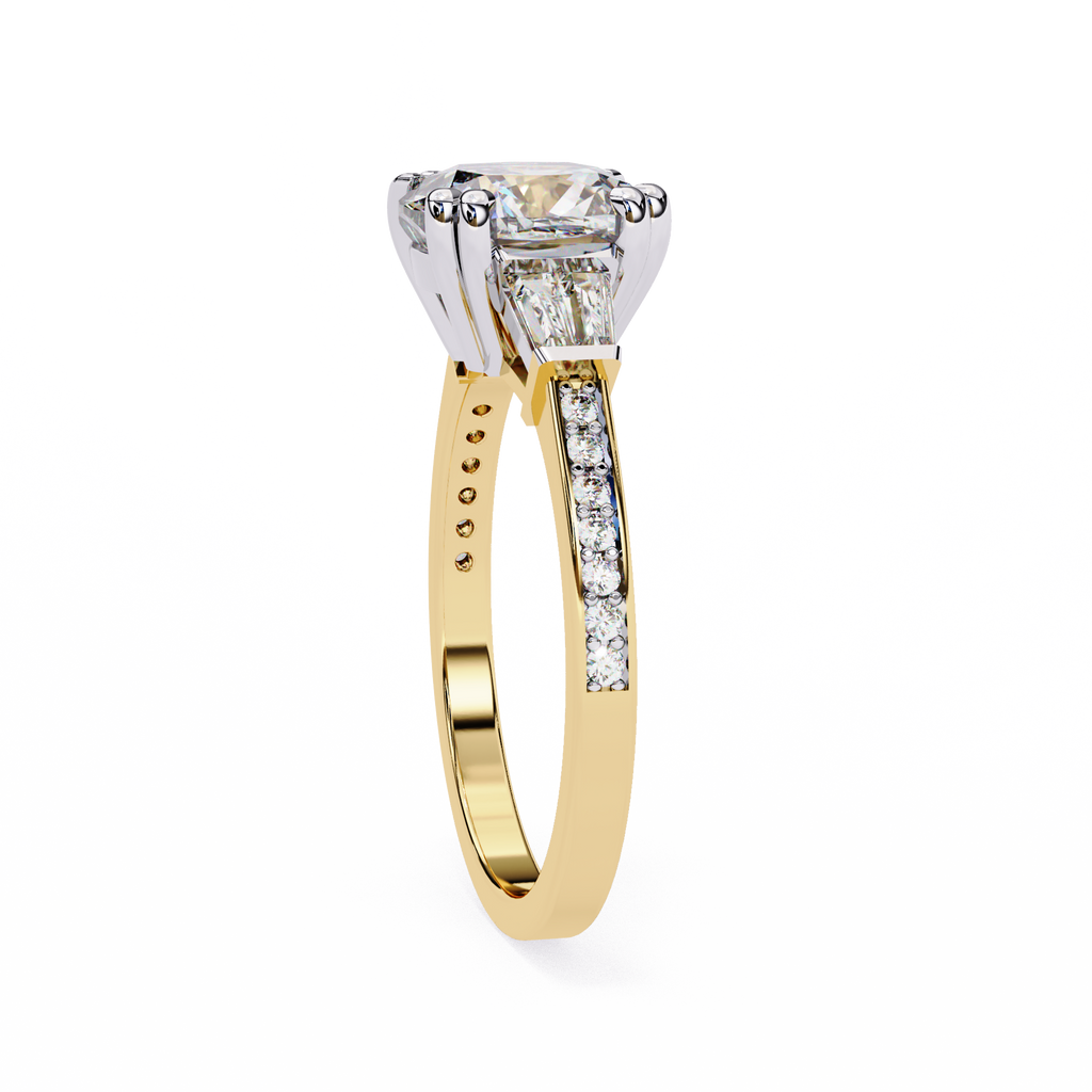 Cushion-Cut Lab-Grown Diamond Three-Stone Ring | Tapered Baguette & Pavé Shank | VR260074