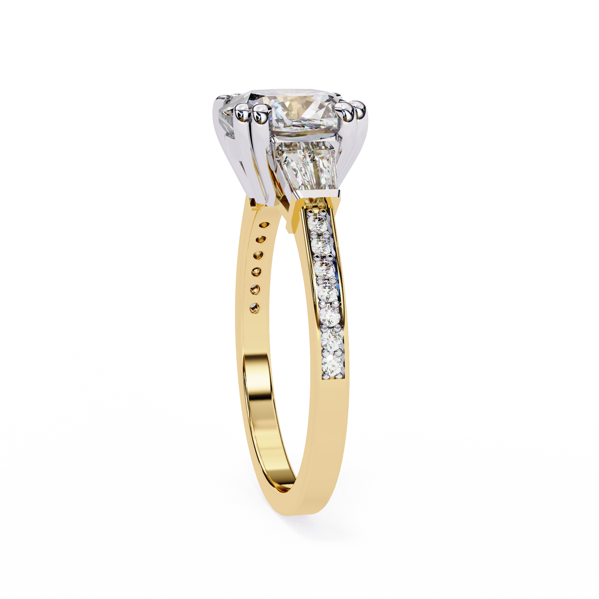 Cushion-Cut Lab-Grown Diamond Three-Stone Ring | Tapered Baguette & Pavé Shank | VR260074