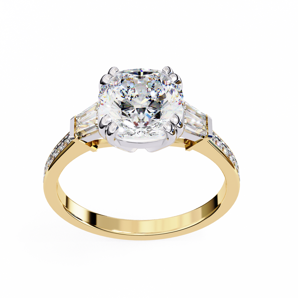 Cushion-Cut Lab-Grown Diamond Three-Stone Ring | Tapered Baguette & Pavé Shank | VR260074