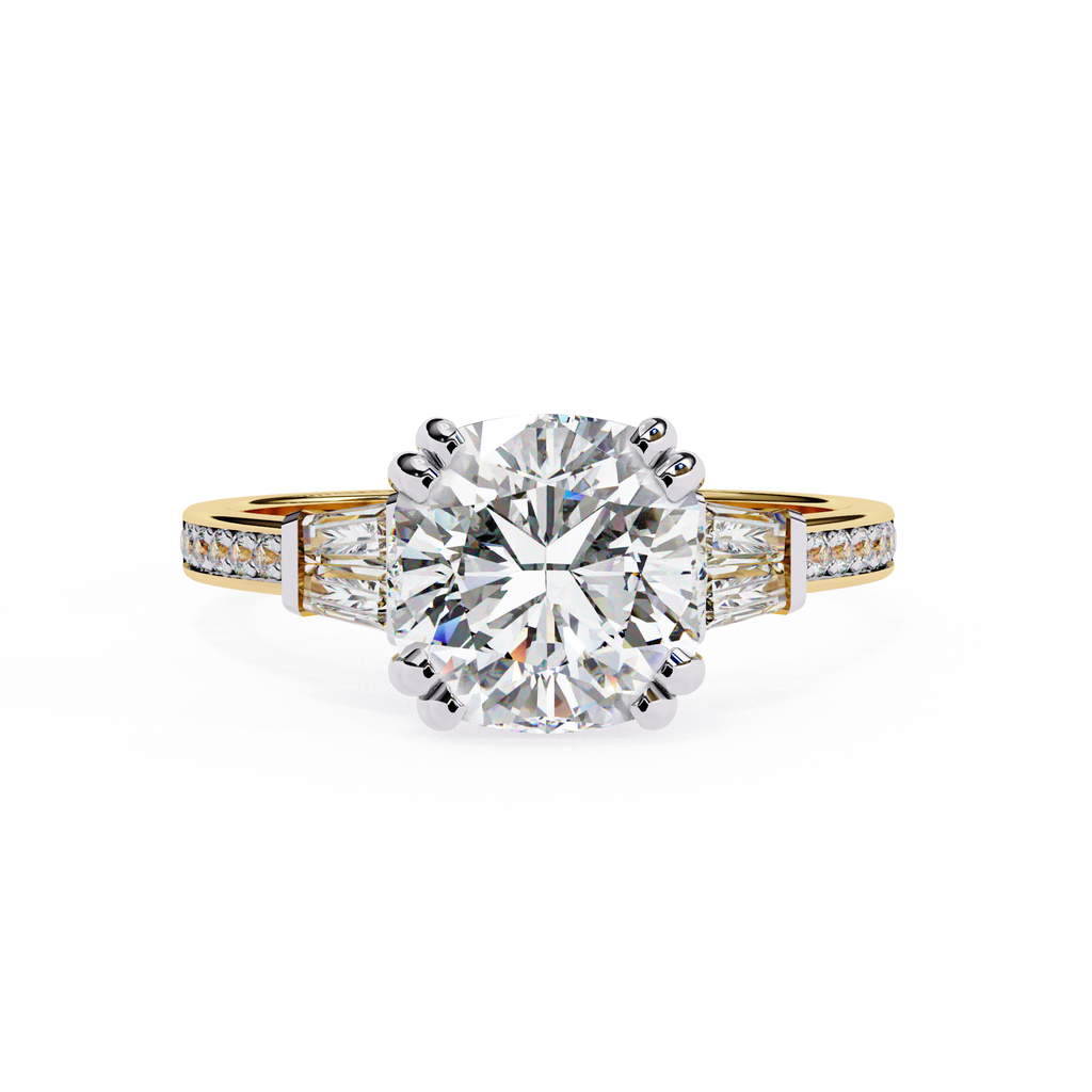 Cushion-Cut Lab-Grown Diamond Three-Stone Ring | Tapered Baguette & Pavé Shank | VR260074