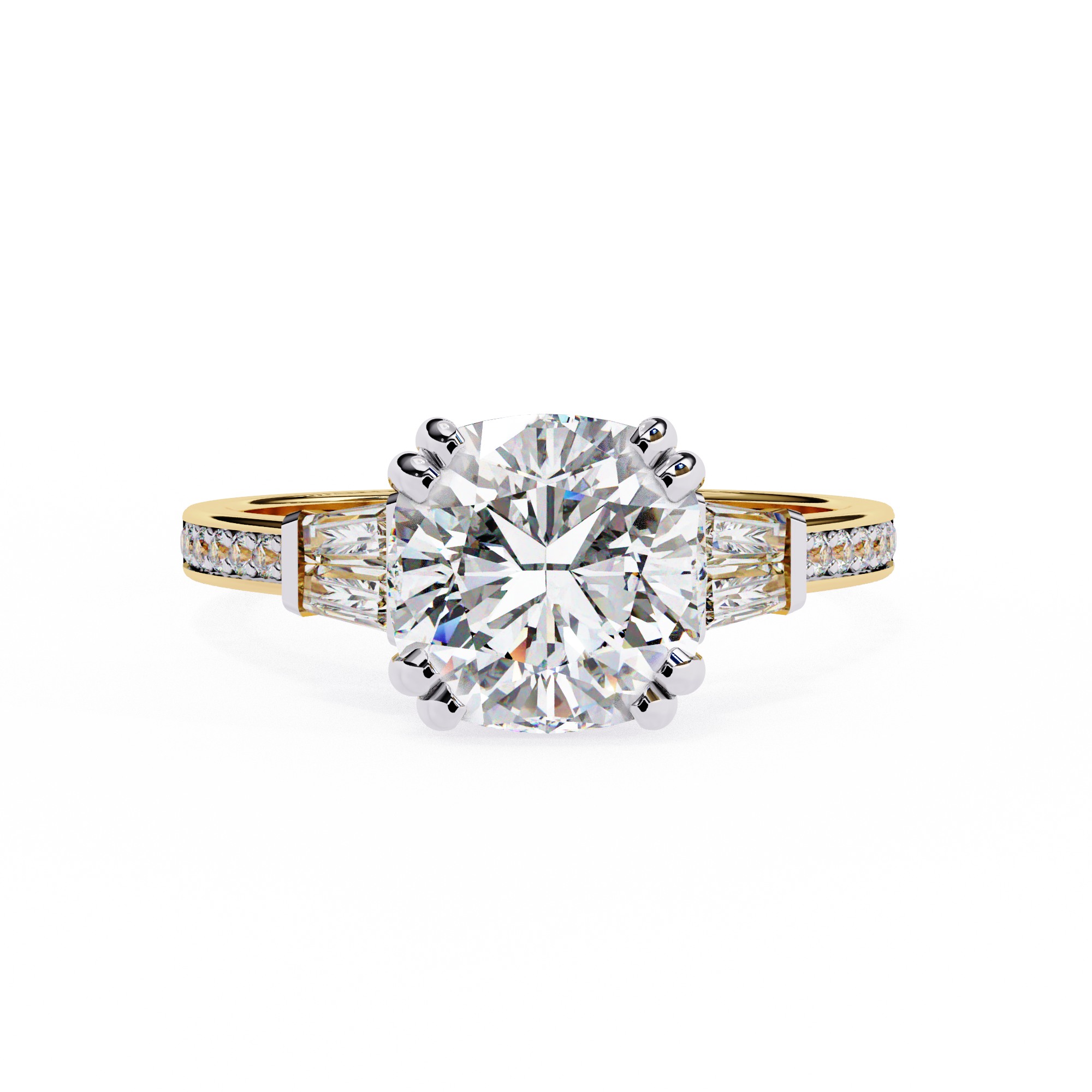 Cushion-Cut Lab-Grown Diamond Three-Stone Ring | Tapered Baguette & Pavé Shank | VR260074
