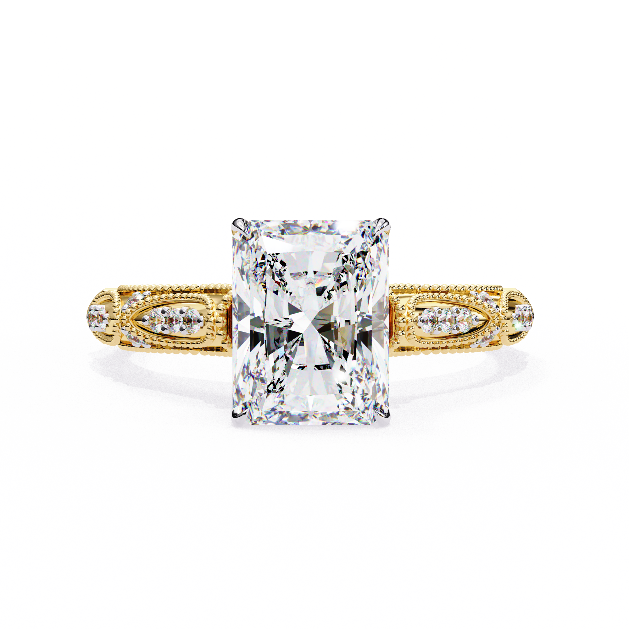 Radiant-Cut Lab-Grown Diamond Solitaire Ring | Art Deco Milgrain Shank & Pavé Bridge | VR260080