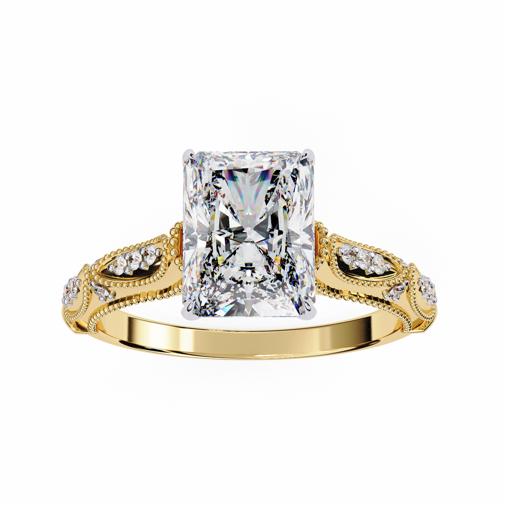 Radiant-Cut Lab-Grown Diamond Solitaire Ring | Art Deco Milgrain Shank & Pavé Bridge | VR260080