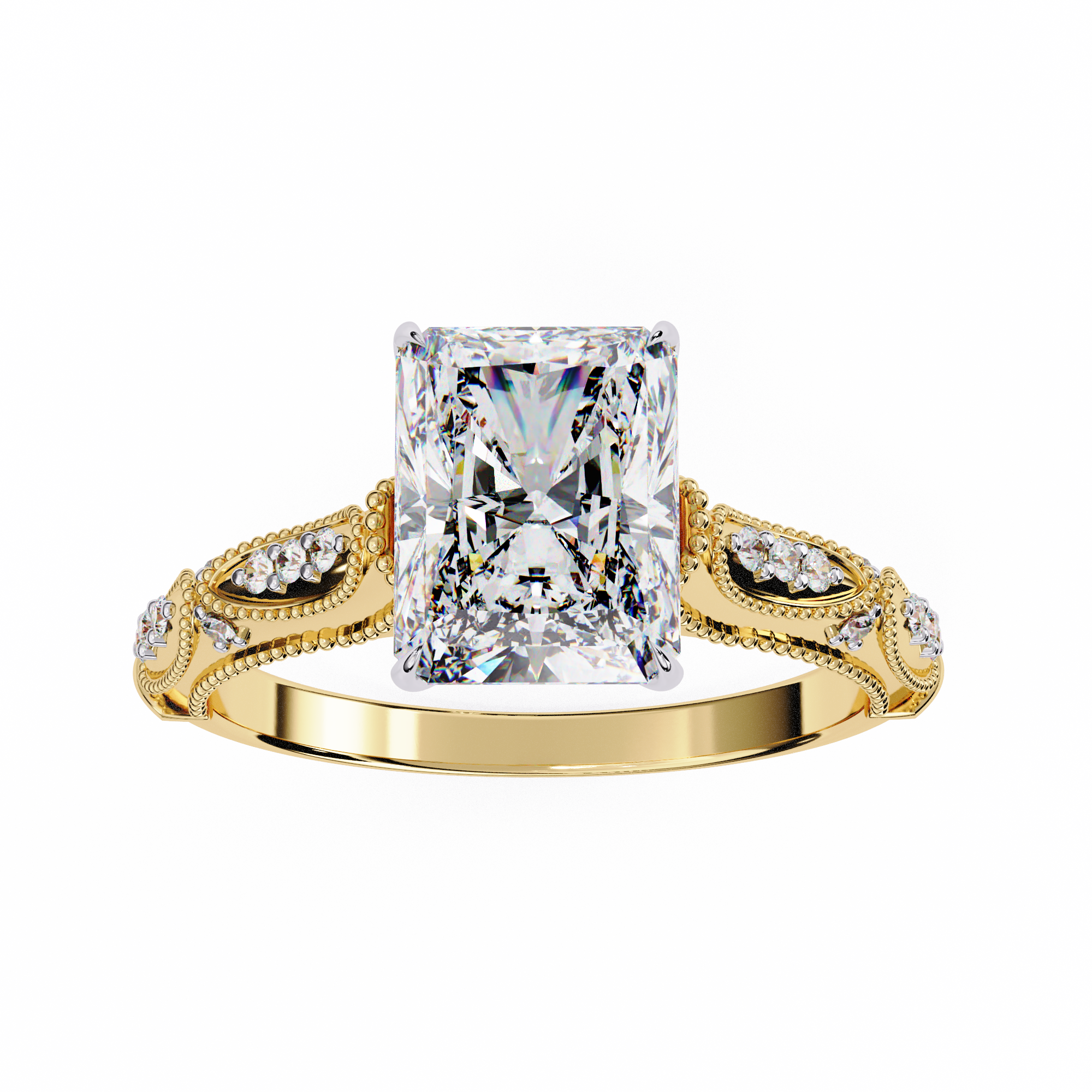 Radiant-Cut Lab-Grown Diamond Solitaire Ring | Art Deco Milgrain Shank & Pavé Bridge | VR260080