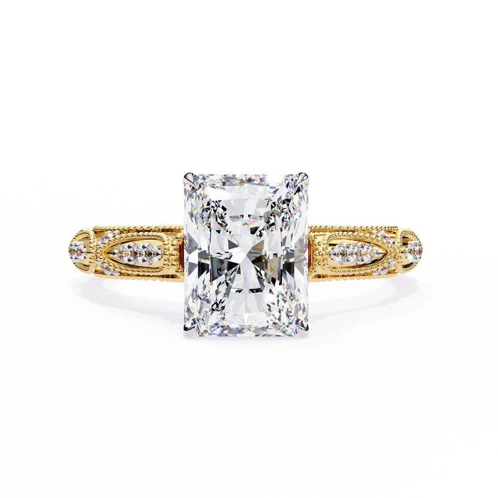 Radiant-Cut Lab-Grown Diamond Solitaire Ring | Art Deco Milgrain Shank & Pavé Bridge | VR260080