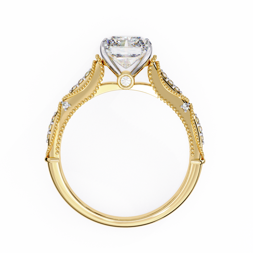Radiant-Cut Lab-Grown Diamond Solitaire Ring | Art Deco Milgrain Shank & Pavé Bridge | VR260080