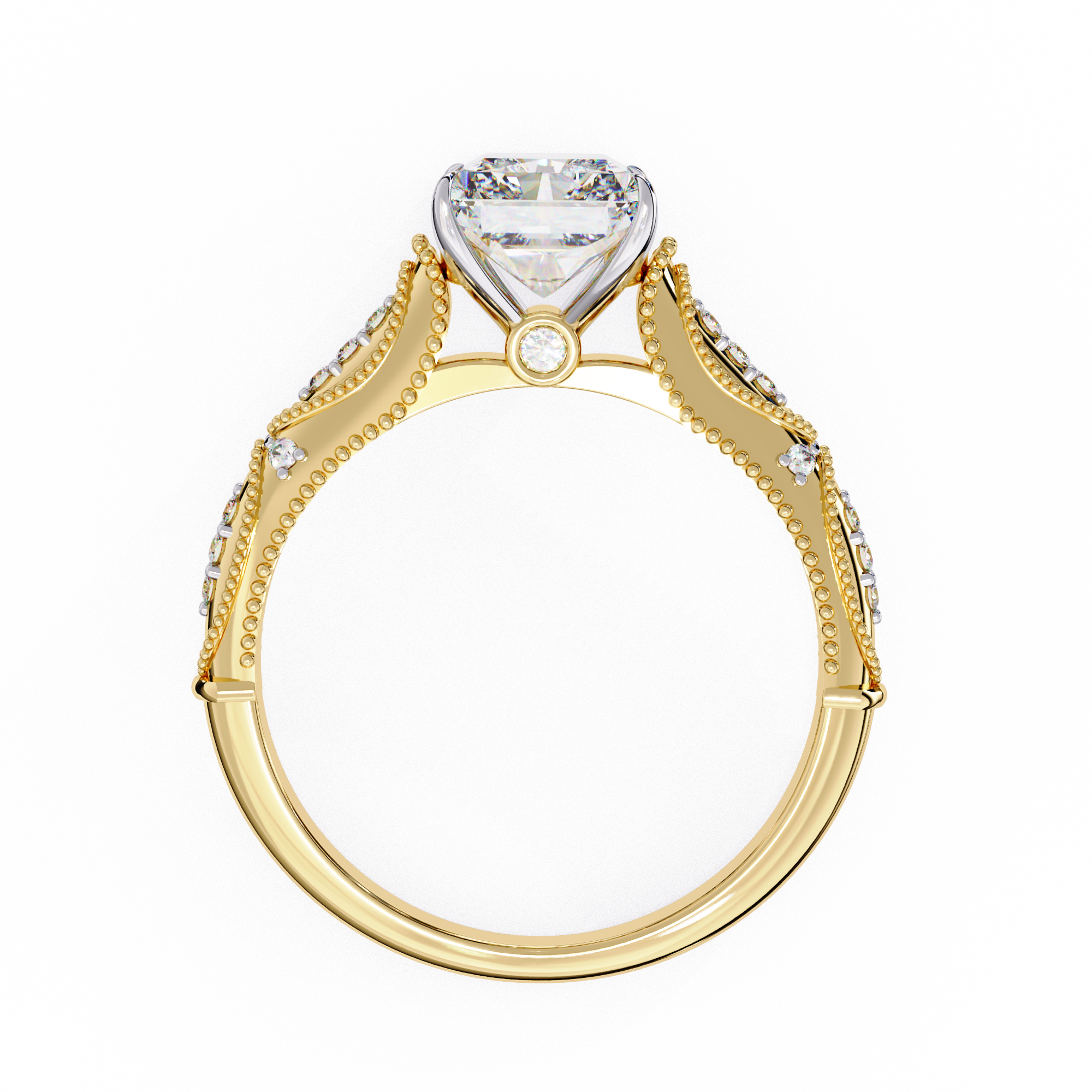 Radiant-Cut Lab-Grown Diamond Solitaire Ring | Art Deco Milgrain Shank & Pavé Bridge | VR260080