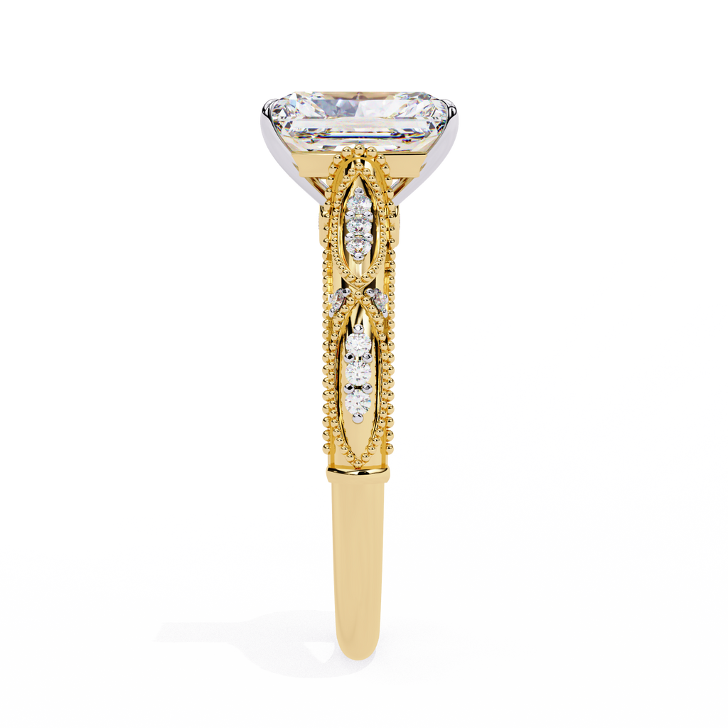 Radiant-Cut Lab-Grown Diamond Solitaire Ring | Art Deco Milgrain Shank & Pavé Bridge | VR260080