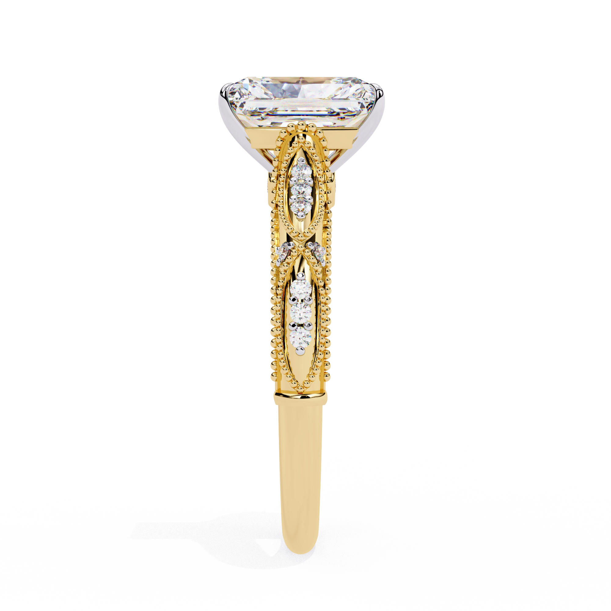 Radiant-Cut Lab-Grown Diamond Solitaire Ring | Art Deco Milgrain Shank & Pavé Bridge | VR260080