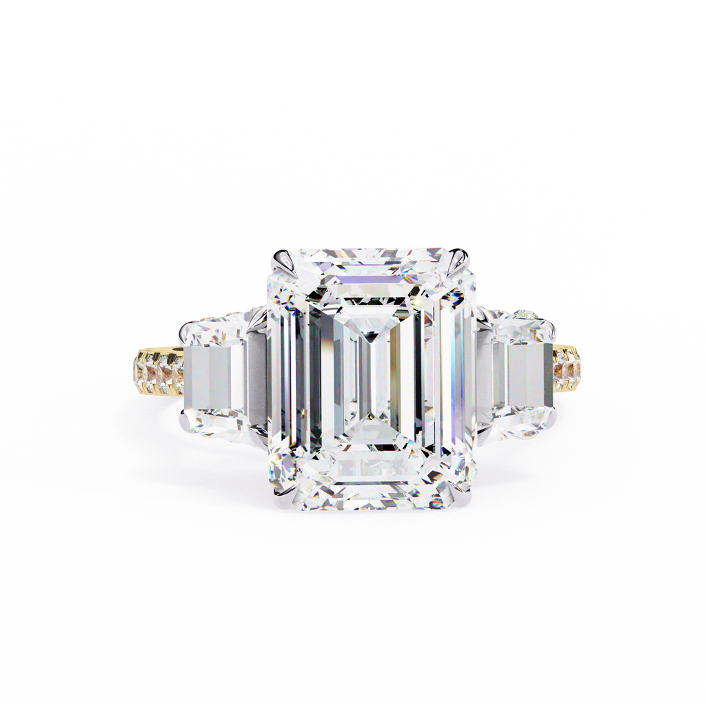 Emerald-Cut Lab-Grown Diamond Three-Stone Ring | Custom Baguette Sides & Diamond Shank | VR260083