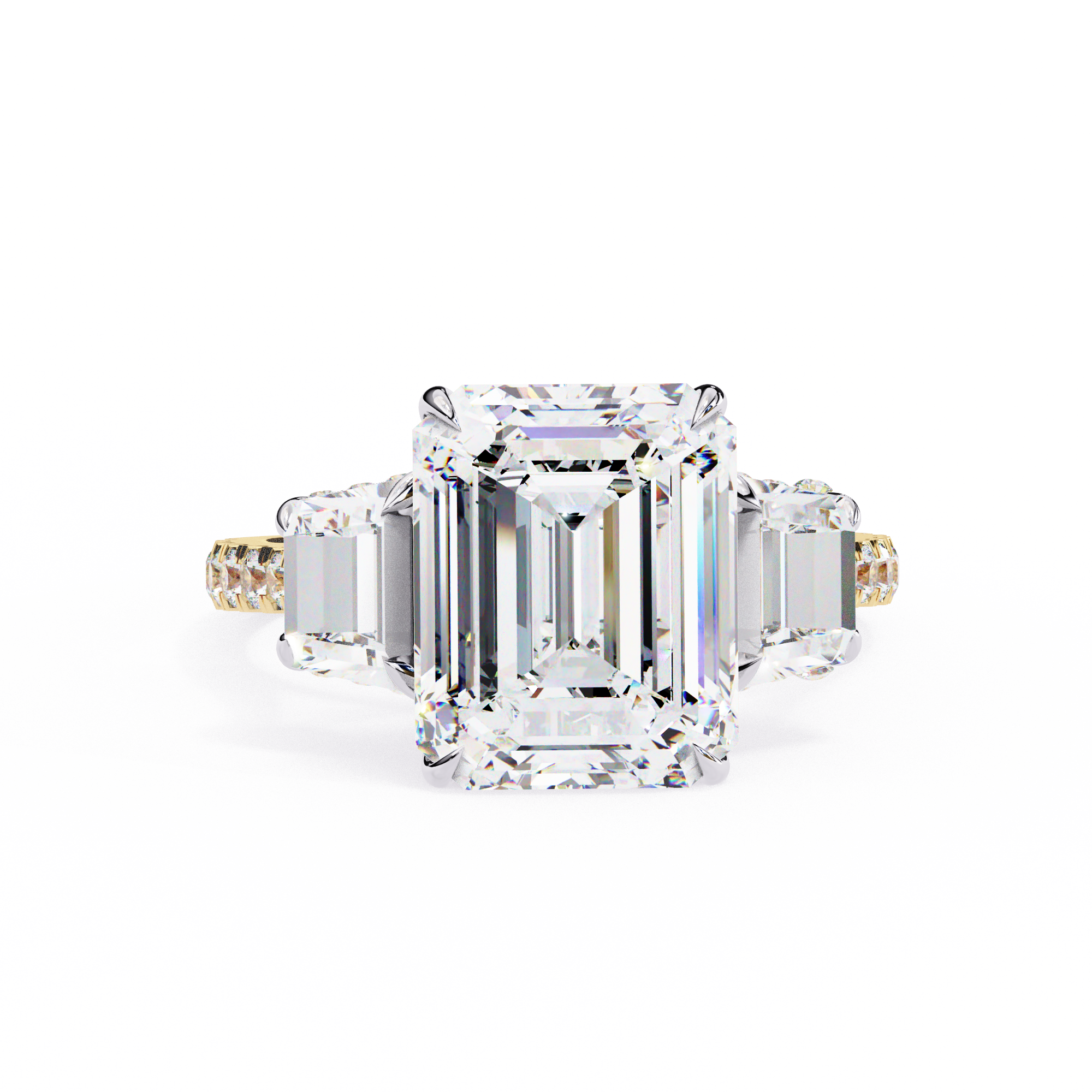 Emerald-Cut Lab-Grown Diamond Three-Stone Ring | Custom Baguette Sides & Diamond Shank | VR260083