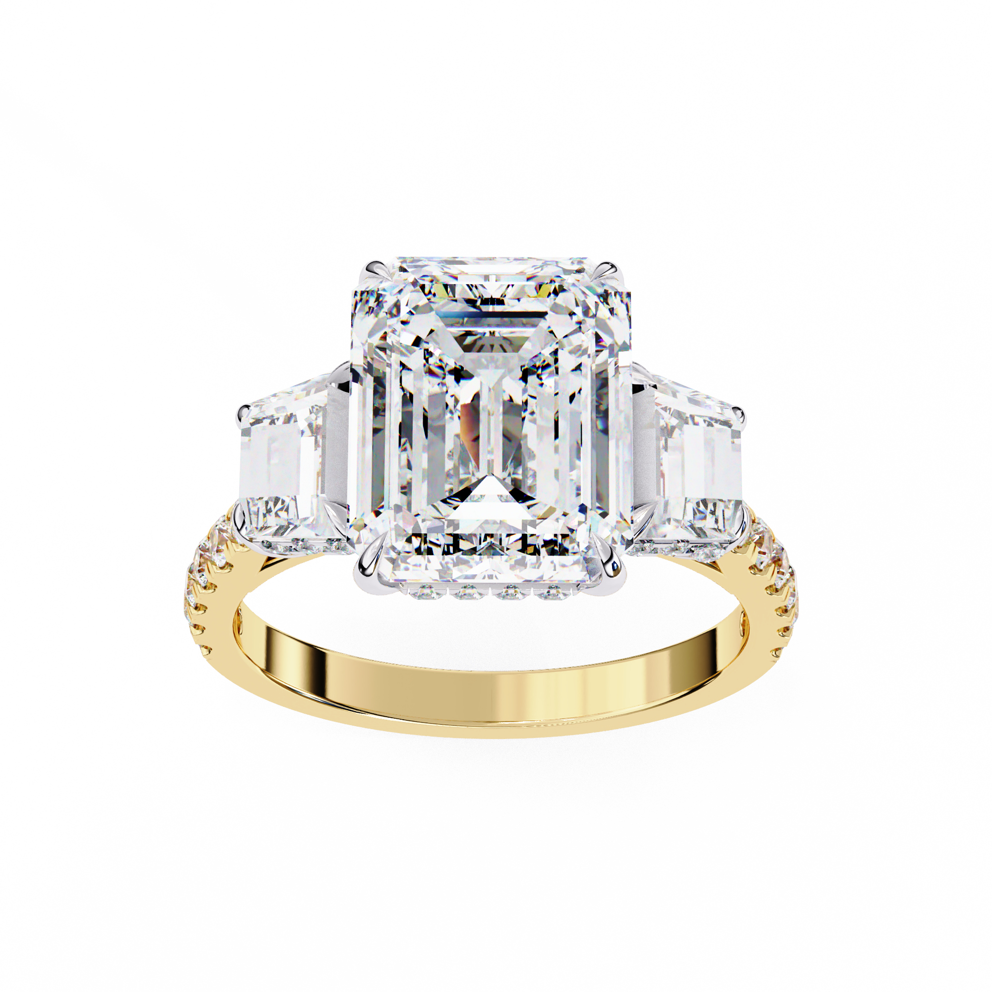 Emerald-Cut Lab-Grown Diamond Three-Stone Ring | Custom Baguette Sides & Diamond Shank | VR260083